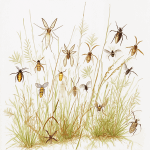 Une collection d'insectes devant un tapis d'herbes sauvages.