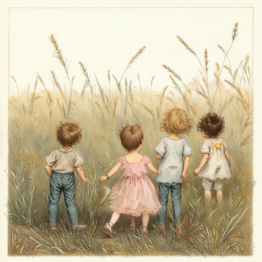 Des enfants explorent un champ d'herbes hautes.